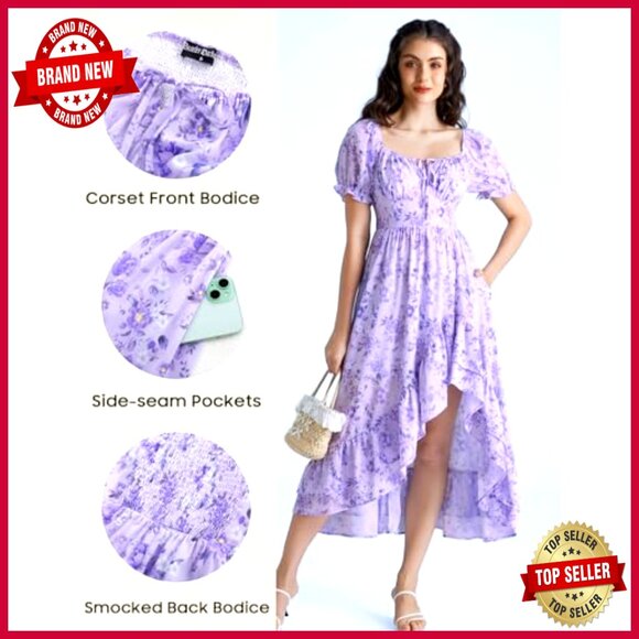 Chiffon Corset Sundress Flowy Floral Wedding Guest Dress Elegant Boho - Picture 3 of 7